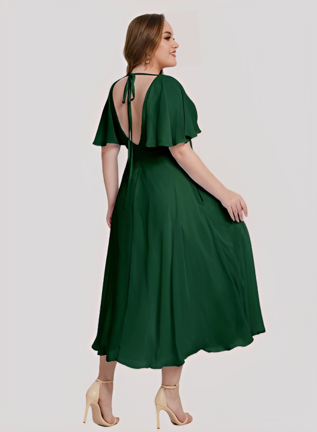 A-Line V-Neck Short sleeves Chiffon Tea-Length Plus Size Bridesmaid Dress With Pockets