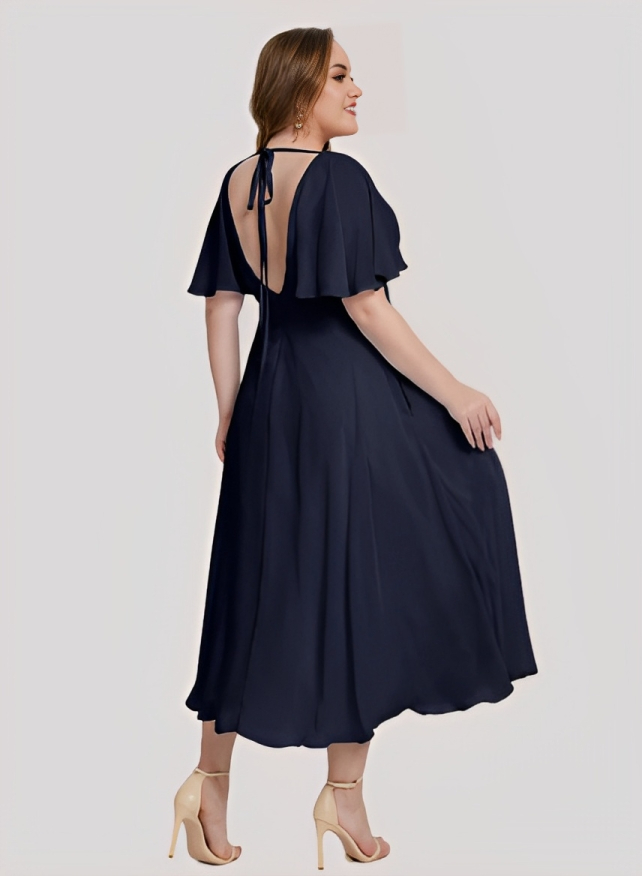 A-Line V-Neck Short sleeves Chiffon Tea-Length Plus Size Bridesmaid Dress With Pockets