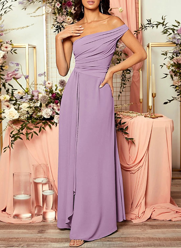 A-Line One-Shoulder Floor-Length Chiffon Prom Dress With Cascading Ruffles
