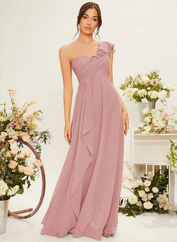 A-Line One-Shoulder Floor-Length Chiffon Bridesmaid Dress With Cascading Ruffles