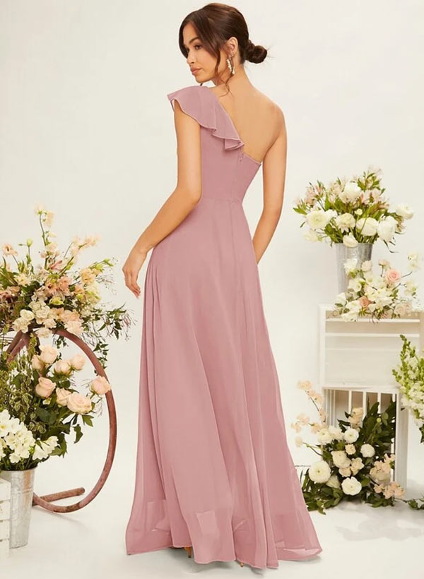 A-Line One-Shoulder Floor-Length Chiffon Bridesmaid Dress With Cascading Ruffles