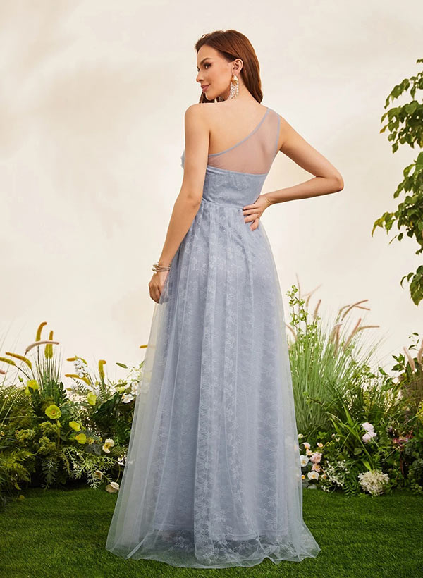 A-Line One-Shoulder Floor-Length Lace Bridesmaid Dress With Lace