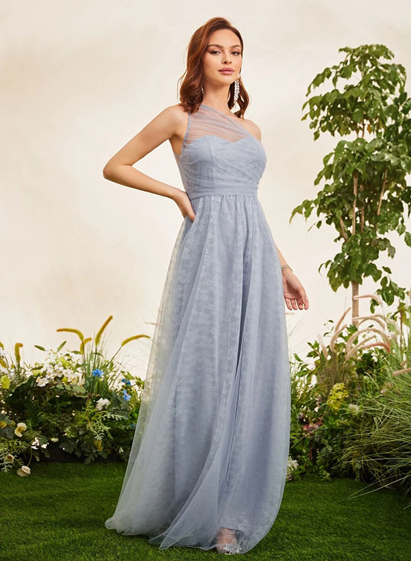 A-Line One-Shoulder Floor-Length Lace Bridesmaid Dress With Lace