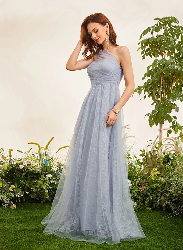 A-Line One-Shoulder Floor-Length Lace Bridesmaid Dress With Lace
