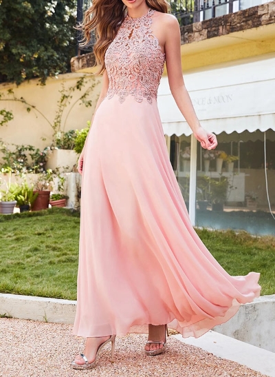 A-Line Halter Floor-Length Chiffon Bridesmaid Dress With Lace