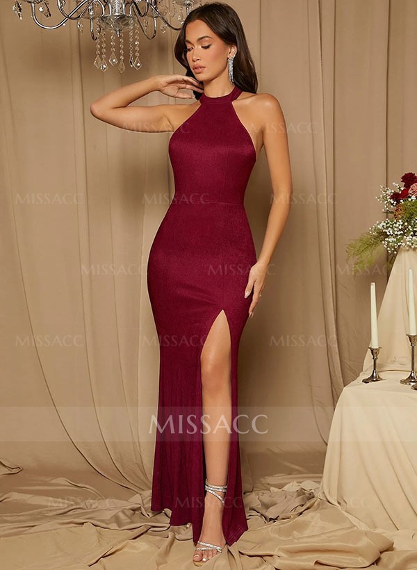 Sheath/Column Halter Floor-Length Jersey Bridesmaid Dress With Split Front