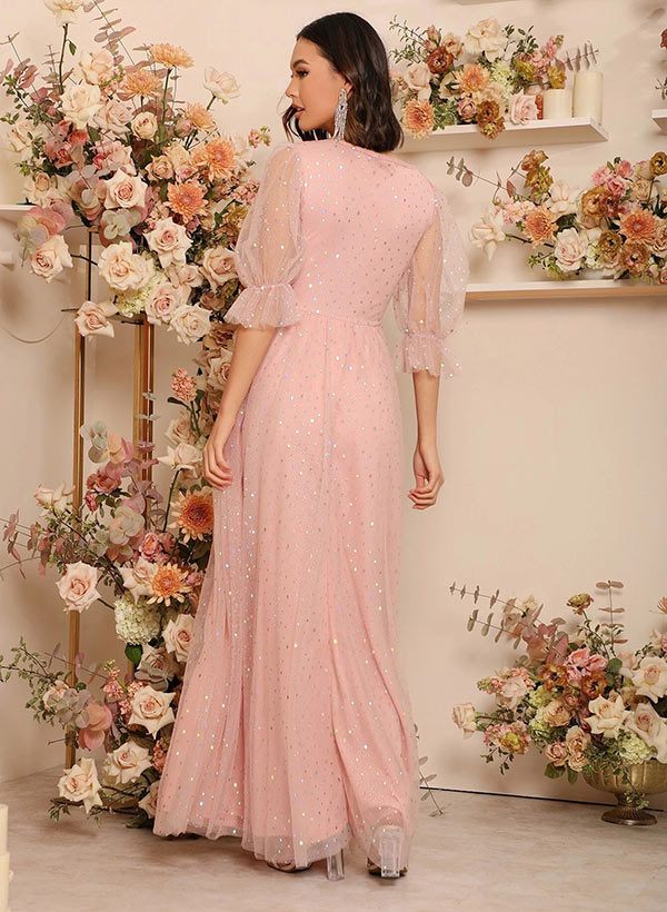 A-Line V-Neck Floor-Length Tulle Bridesmaid Dress