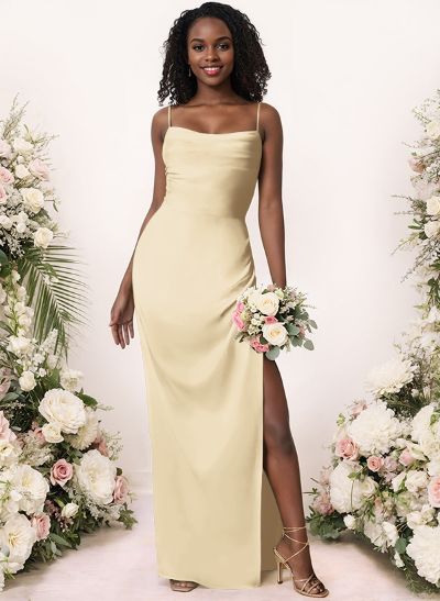 Sheath/Column Cowl Neck Floor-Length Silk Like Satin Bridesmaid Dress With Split Front