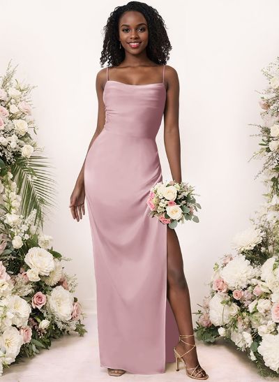 Sheath/Column Cowl Neck Floor-Length Silk Like Satin Bridesmaid Dress With Split Front