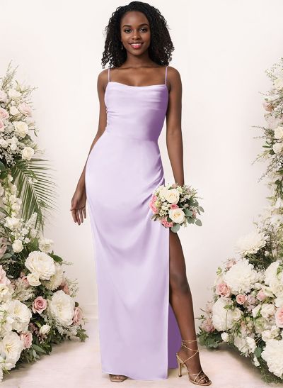 Sheath/Column Cowl Neck Floor-Length Silk Like Satin Bridesmaid Dress With Split Front