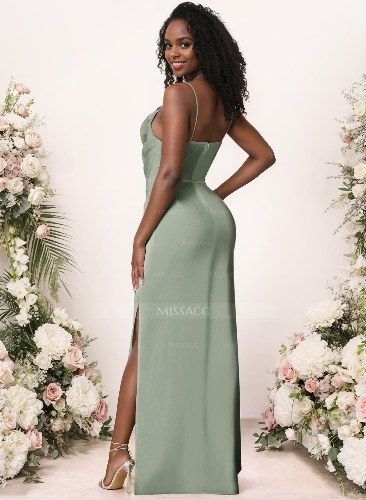 Sheath/Column Cowl Neck Floor-Length Silk Like Satin Bridesmaid Dress With Split Front