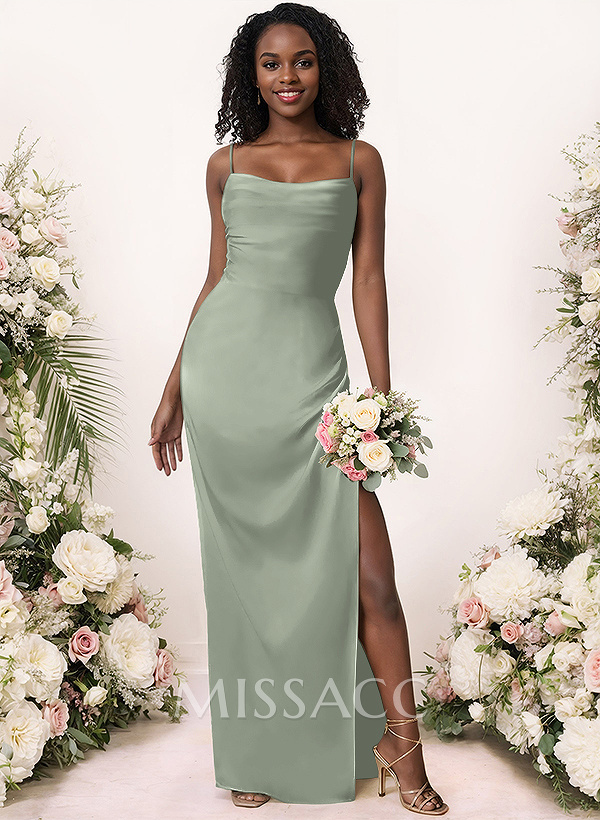 Sheath/Column Cowl Neck Floor-Length Silk Like Satin Bridesmaid Dress With Split Front Sheath/Column Cowl Neck Floor-Length Silk Like Satin Bridesmaid Dress With Split Front