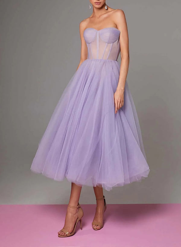 A-Line Sweetheart Tea-Length Tulle Sleeveless Cocktail Dress