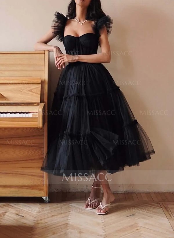 A-Line Sweetheart Tea-Length Short Sleeves Cocktail Dress
