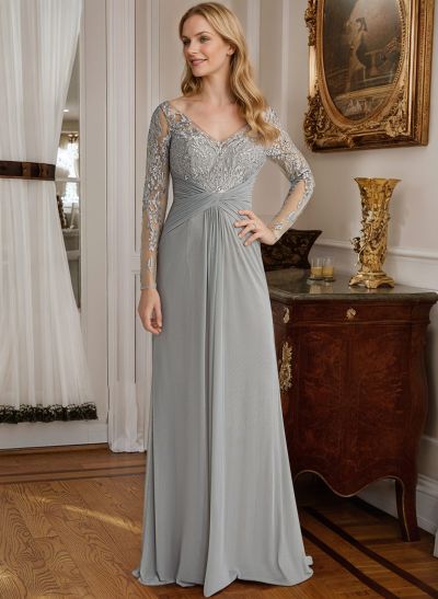 A-Line V-Neck Floor-Length Chiffon Mother Of The Bride Dresses With Lace