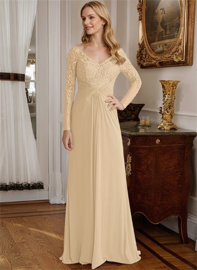 A-Line V-Neck Floor-Length Chiffon Mother Of The Bride Dresses With Lace