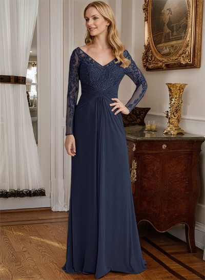 A-Line V-Neck Floor-Length Chiffon Mother Of The Bride Dresses With Lace