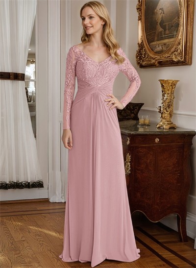 A-Line V-Neck Floor-Length Chiffon Mother Of The Bride Dresses With Lace