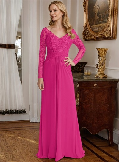 A-Line V-Neck Floor-Length Chiffon Mother Of The Bride Dresses With Lace