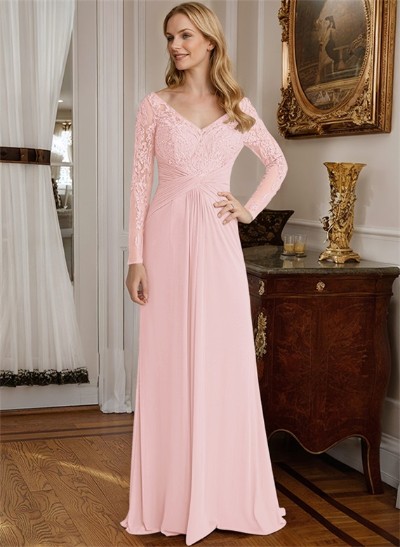 A-Line V-Neck Floor-Length Chiffon Mother Of The Bride Dresses With Lace