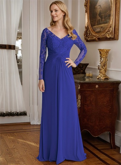 A-Line V-Neck Floor-Length Chiffon Mother Of The Bride Dresses With Lace