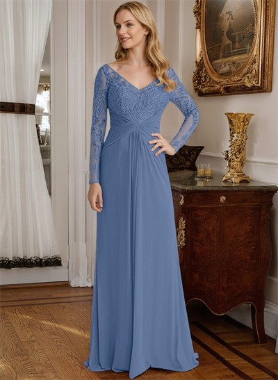 A-Line V-Neck Floor-Length Chiffon Mother Of The Bride Dresses With Lace