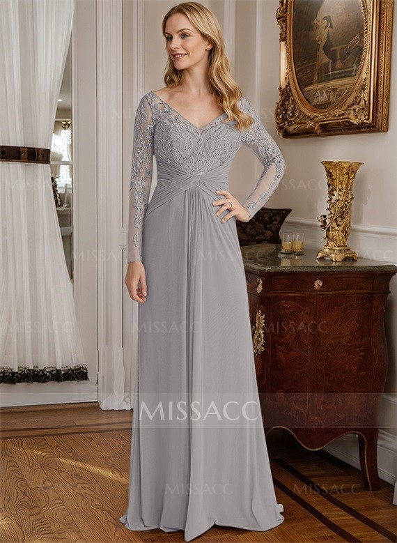 A-Line V-Neck Floor-Length Chiffon Mother Of The Bride Dresses With Lace