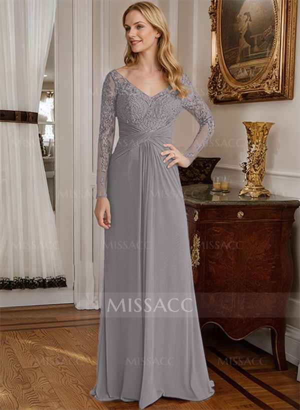 A-Line V-Neck Floor-Length Chiffon Mother Of The Bride Dresses With Lace