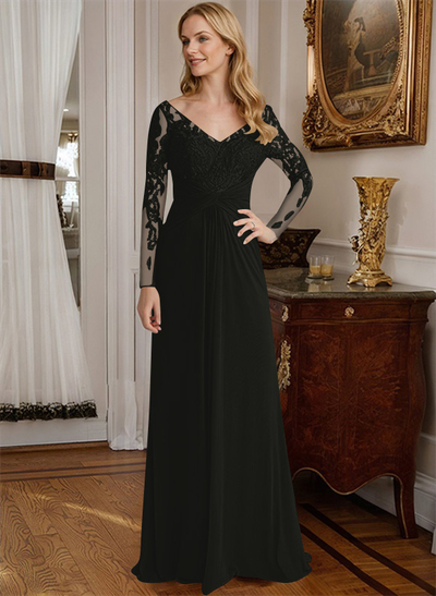 A-Line V-Neck Floor-Length Chiffon Mother Of The Bride Dresses With Lace
