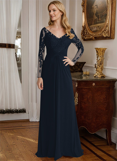 A-Line V-Neck Floor-Length Chiffon Mother Of The Bride Dresses With Lace