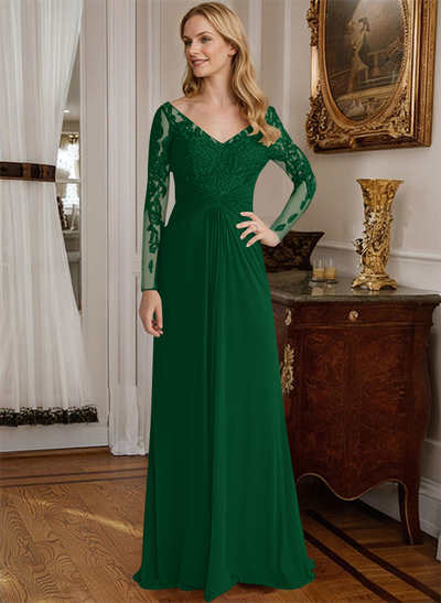 A-Line V-Neck Floor-Length Chiffon Mother Of The Bride Dresses With Lace