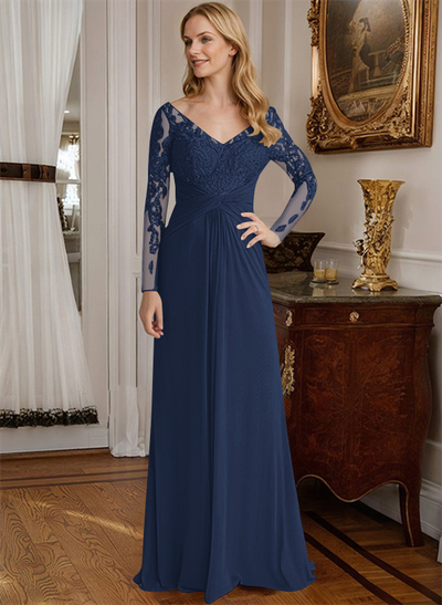 A-Line V-Neck Floor-Length Chiffon Mother Of The Bride Dresses With Lace