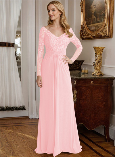 A-Line V-Neck Floor-Length Chiffon Mother Of The Bride Dresses With Lace