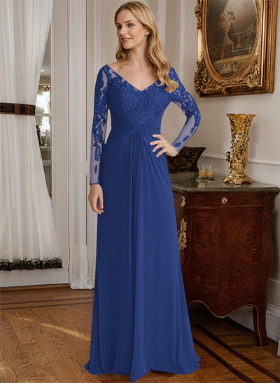 A-Line V-Neck Floor-Length Chiffon Mother Of The Bride Dresses With Lace