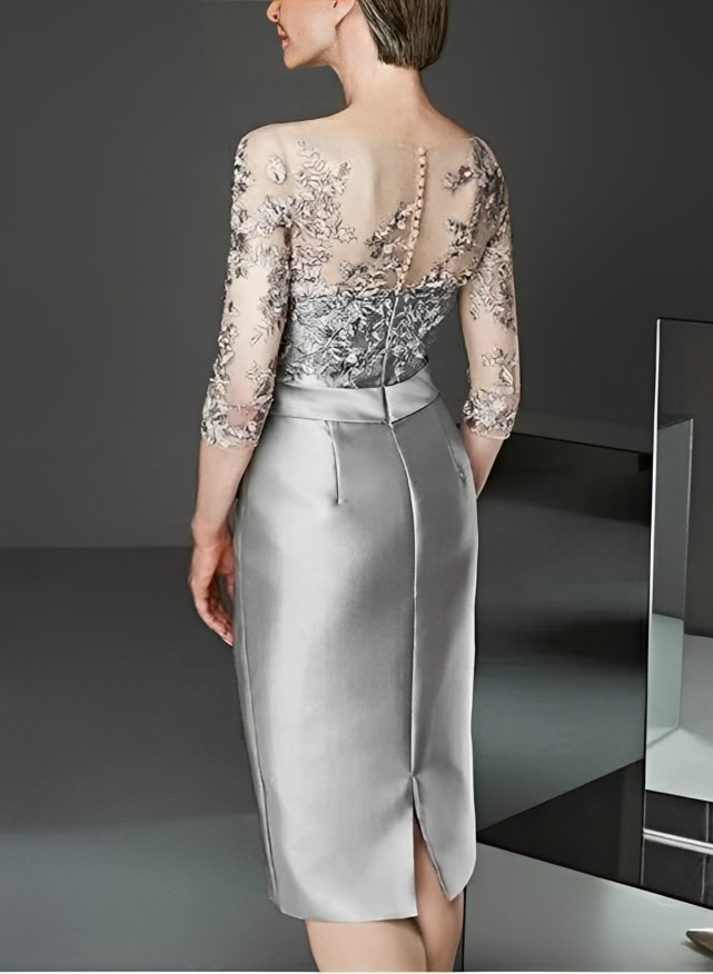 Sheath/Column Illusion Neck Knee-Length Satin Mother Of The Bride Dresses With Lace
