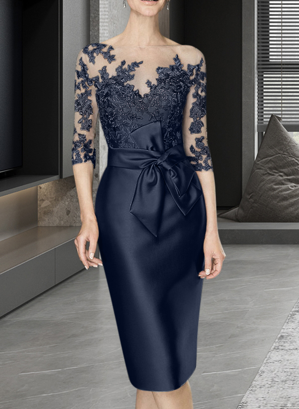 Sheath/Column Illusion Neck Knee-Length Satin Mother Of The Bride Dresses With Lace