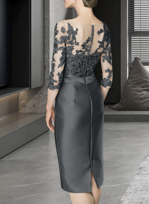 Sheath/Column Illusion Neck Knee-Length Satin Mother Of The Bride Dresses With Lace