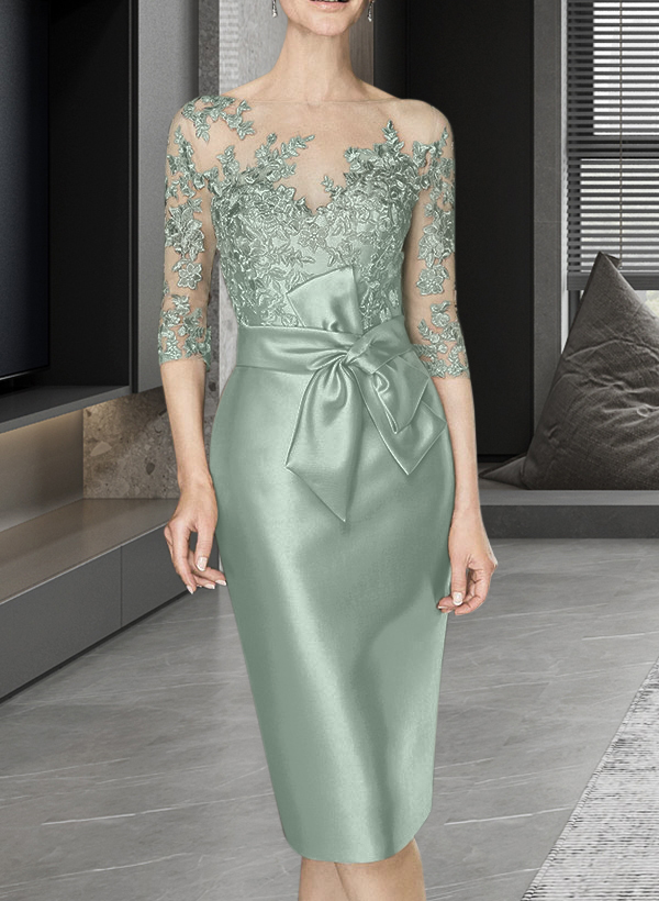 Sheath/Column Illusion Neck Knee-Length Satin Mother Of The Bride Dresses With Lace
