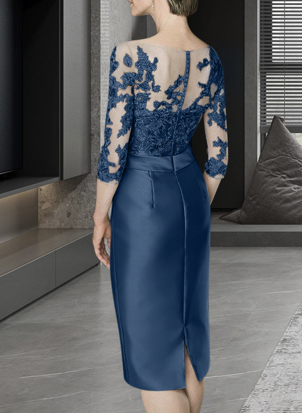 Sheath/Column Illusion Neck Knee-Length Satin Mother Of The Bride Dresses With Lace