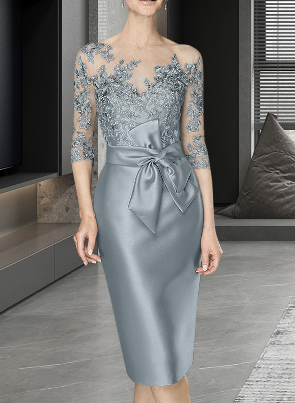 Sheath/Column Illusion Neck Knee-Length Satin Mother Of The Bride Dresses With Lace