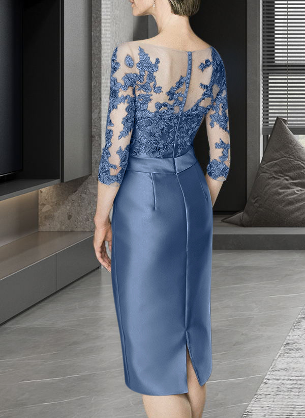 Sheath/Column Illusion Neck Knee-Length Satin Mother Of The Bride Dresses With Lace