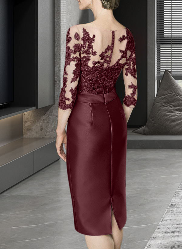 Sheath/Column Illusion Neck Knee-Length Satin Mother Of The Bride Dresses With Lace