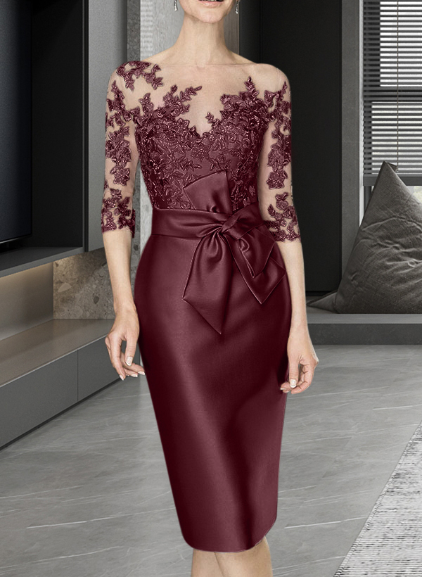 Sheath/Column Illusion Neck Knee-Length Satin Mother Of The Bride Dresses With Lace