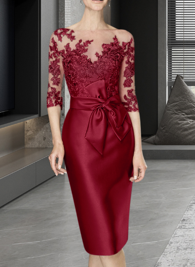 Sheath/Column Illusion Neck Knee-Length Satin Mother Of The Bride Dresses With Lace