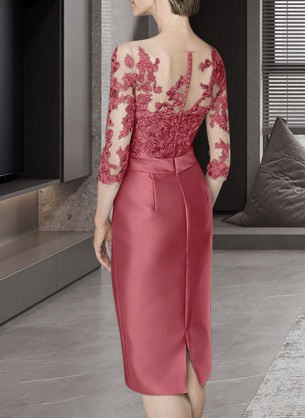 Sheath/Column Illusion Neck Knee-Length Satin Mother Of The Bride Dresses With Lace