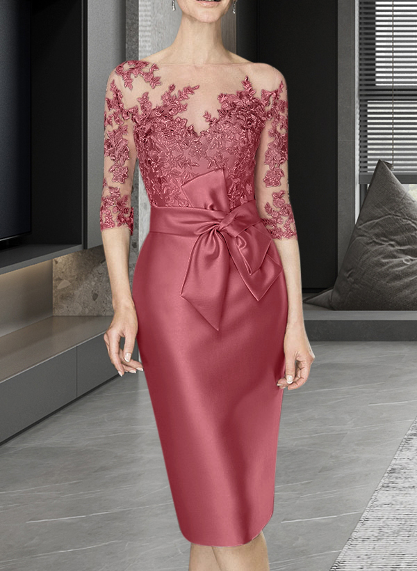 Sheath/Column Illusion Neck Knee-Length Satin Mother Of The Bride Dresses With Lace