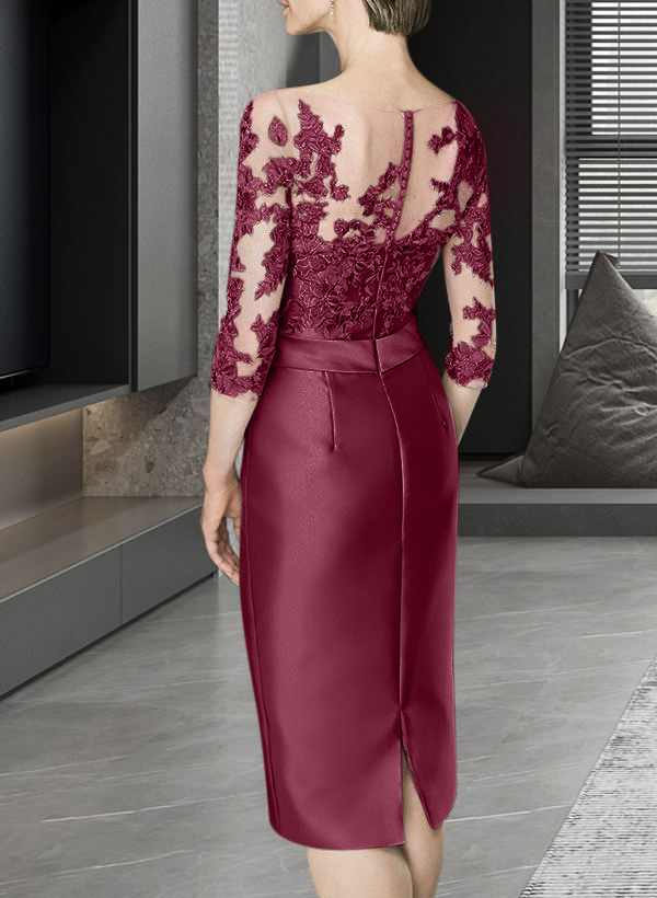 Sheath/Column Illusion Neck Knee-Length Satin Mother Of The Bride Dresses With Lace
