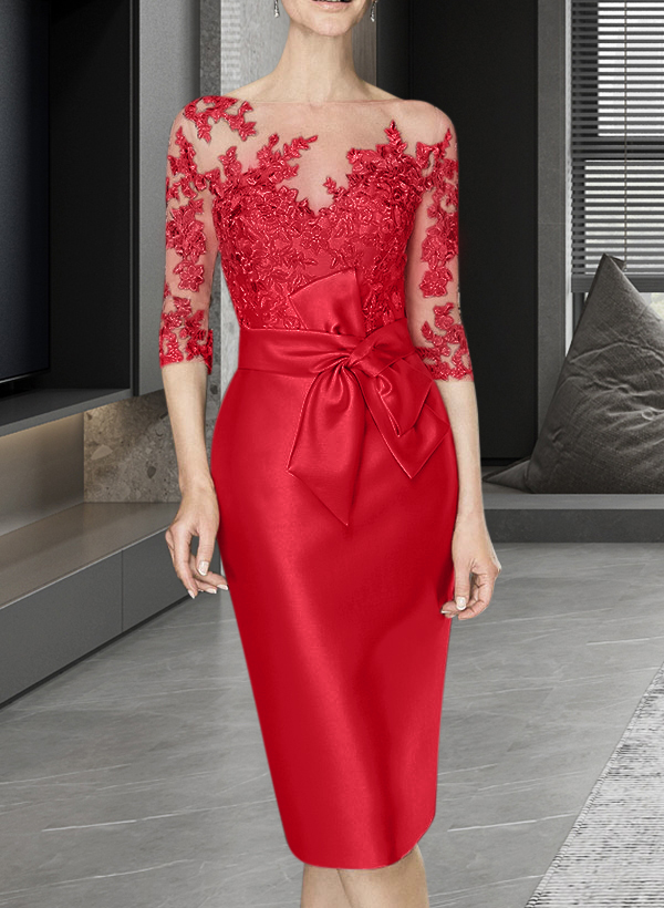 Sheath/Column Illusion Neck Knee-Length Satin Mother Of The Bride Dresses With Lace