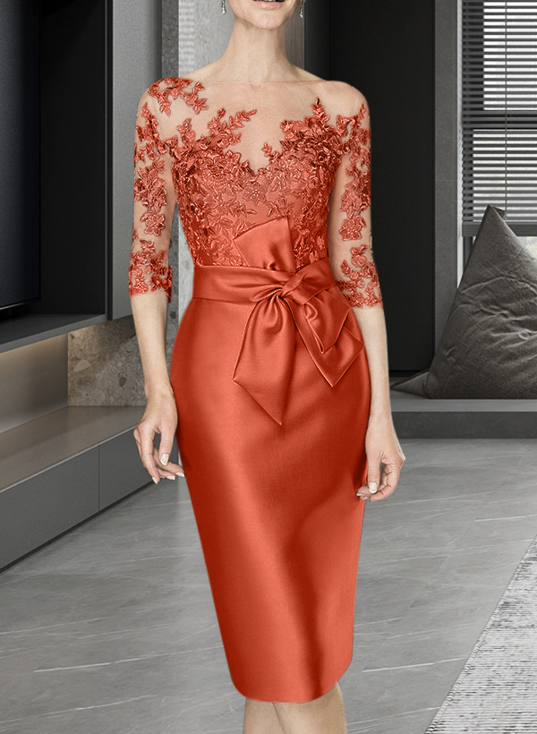 Sheath/Column Illusion Neck Knee-Length Satin Mother Of The Bride Dresses With Lace