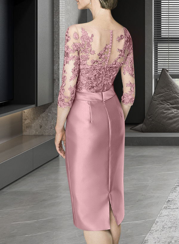 Sheath/Column Illusion Neck Knee-Length Satin Mother Of The Bride Dresses With Lace